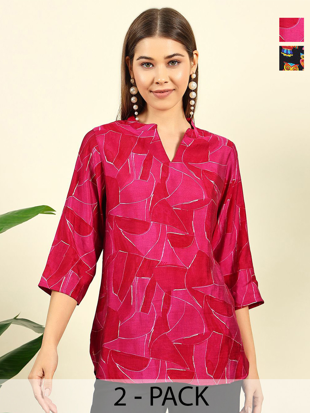 THE FAB FACTORY Women Pack Of 2 Abstract Print Mandarin Collar Top