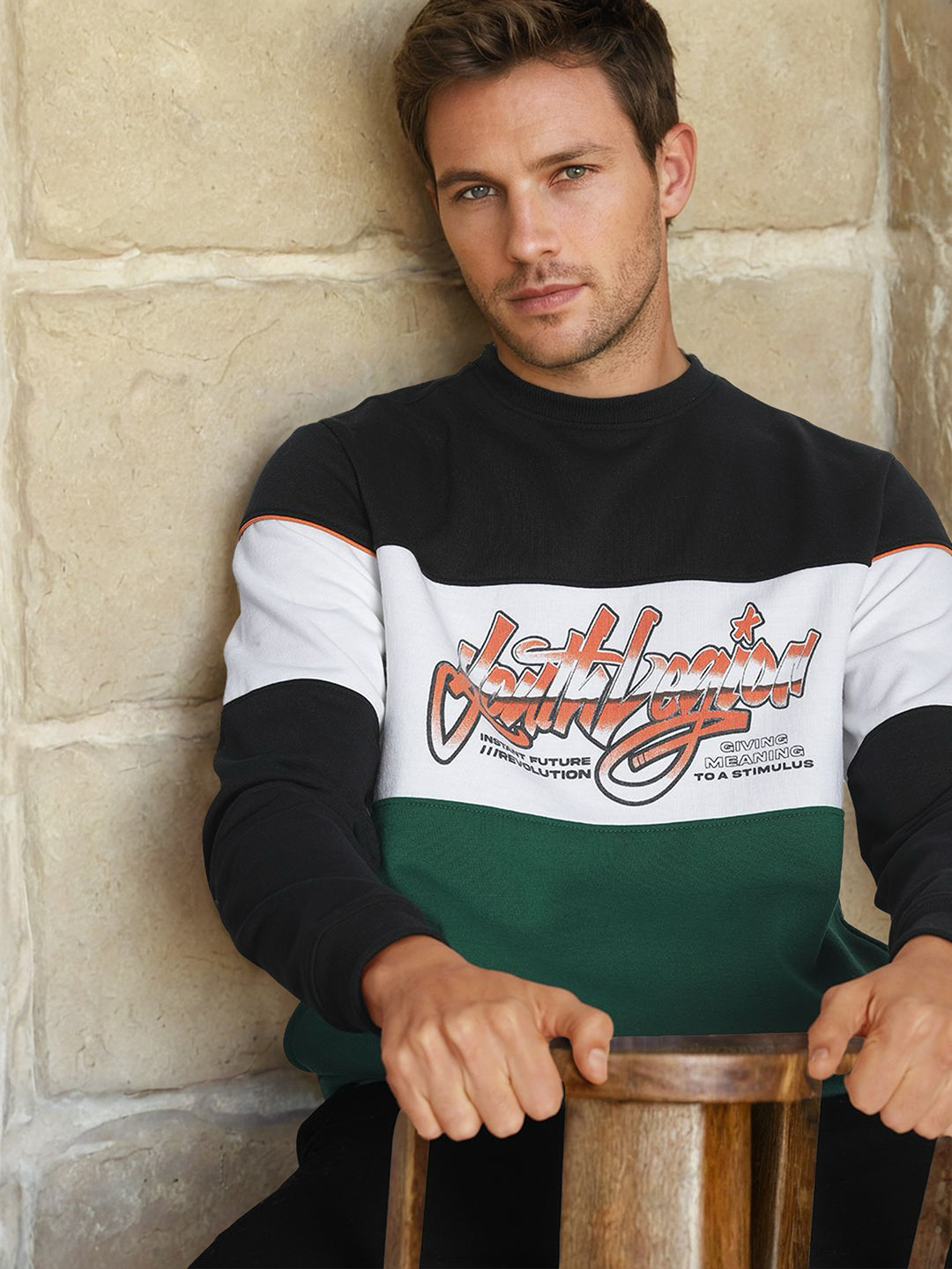 The Indian Garage Co Men Black & White Colourblocked Sweatshirt