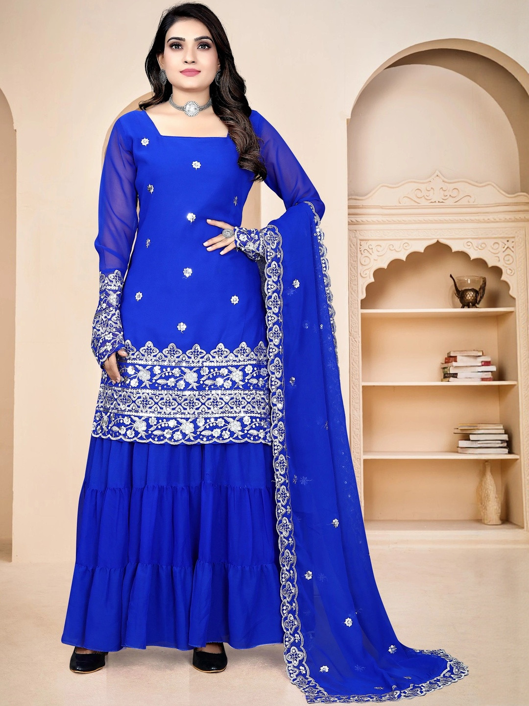 ACEXIER Women Floral Embroidered Kurta with Sharara & Dupatta