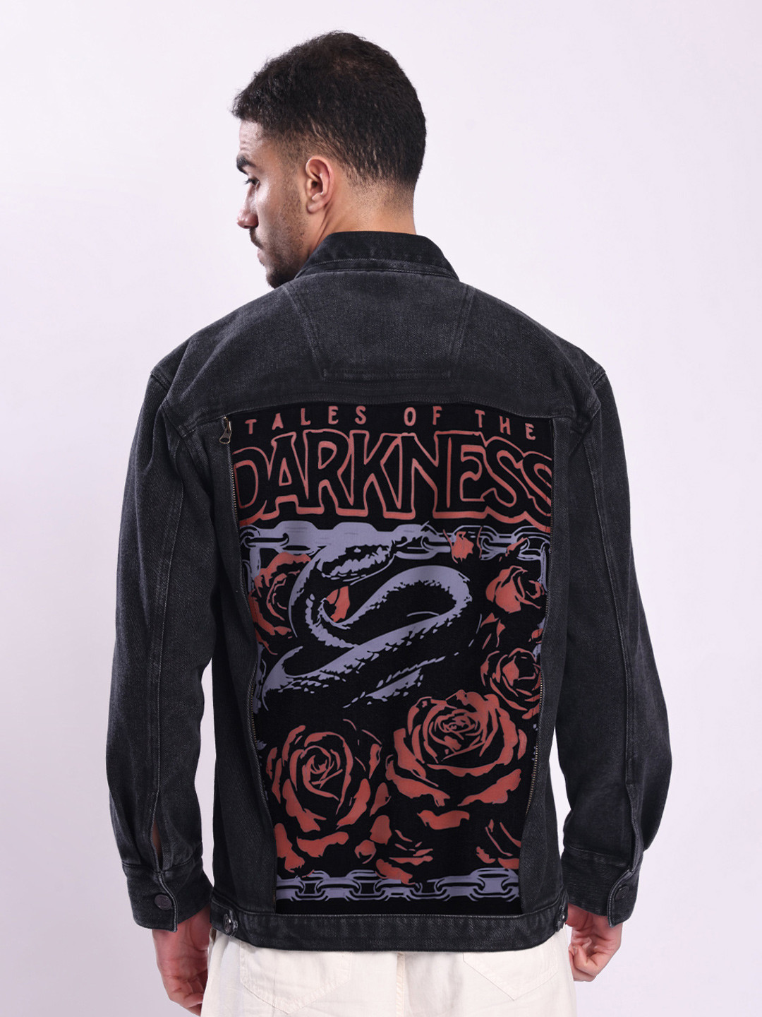 Bene Kleed Men Spread Collar Relax Fit Graphic Casual Denim Jacket