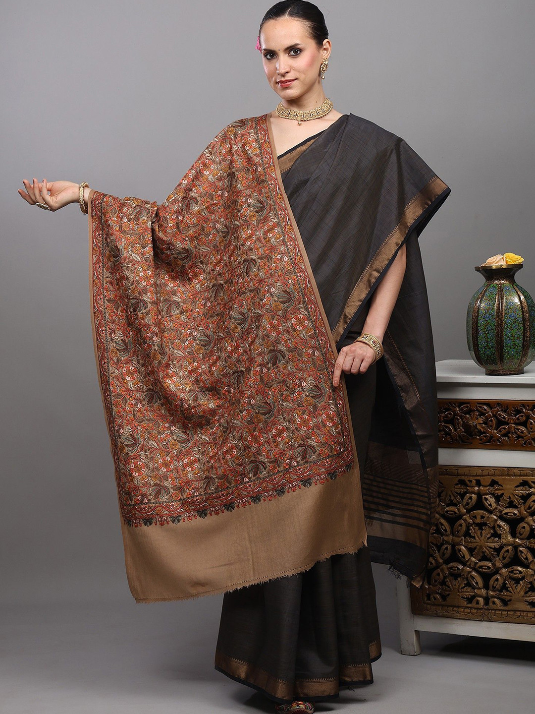 Exotic India Amritsar With Dense Floral Embroidered Diamond Weave Woollen Stole