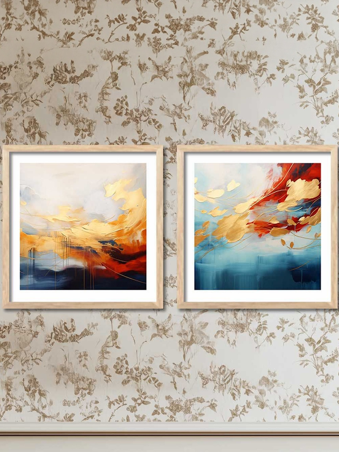 WALLLANE Brown Set of 2 Wooden Frame Abstract Wall Paintings