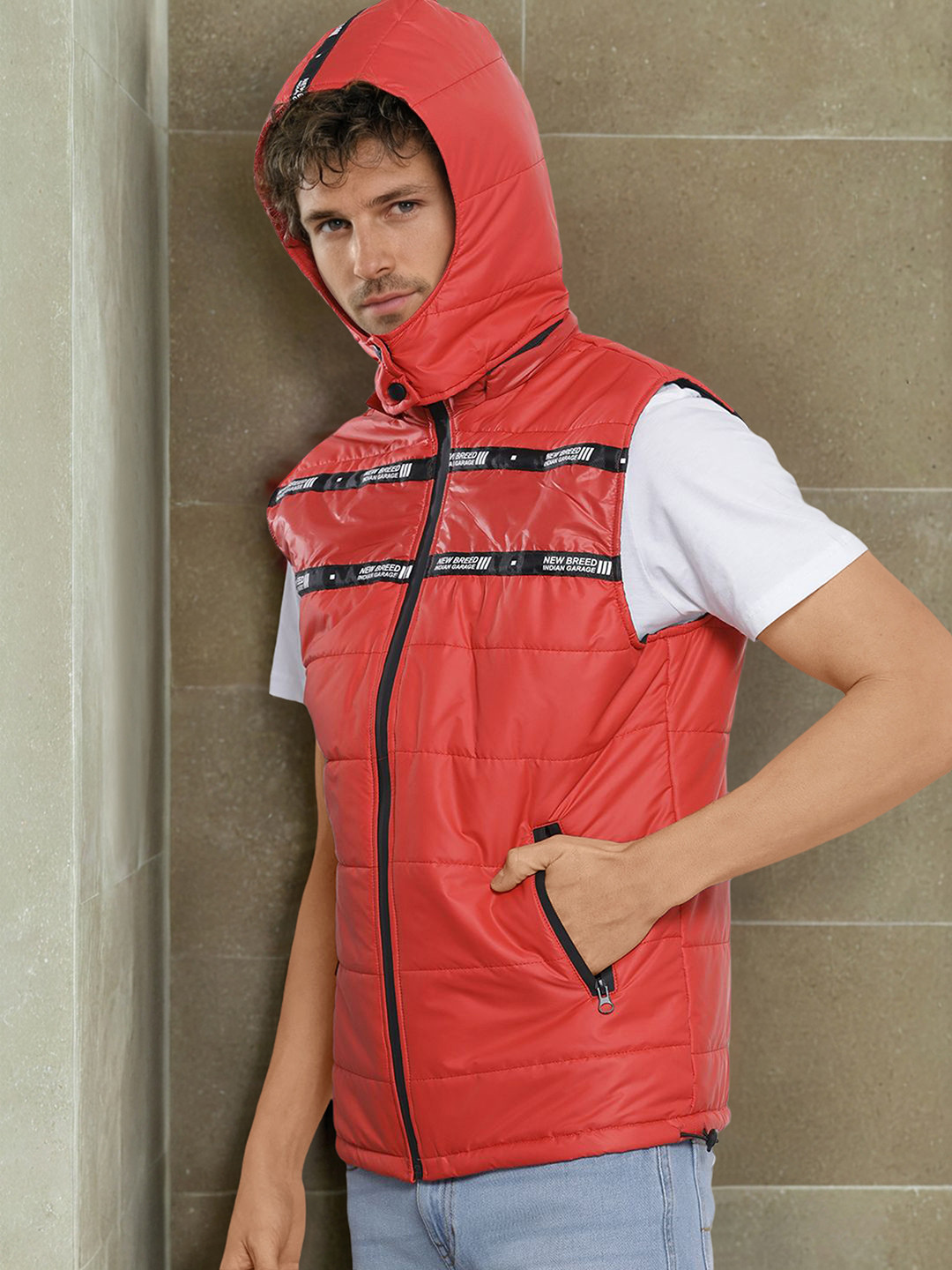 The Indian Garage Co Men Red Solid Padded Detachable Hood Jacket