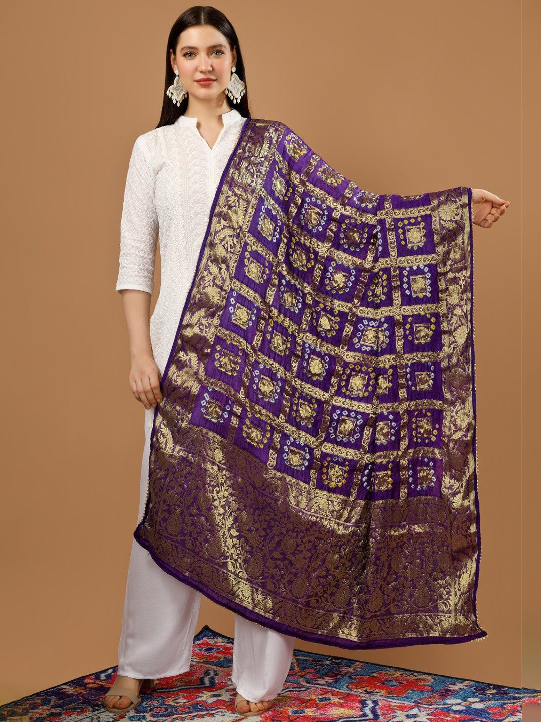 A R SILK DUPATTA HUB Bandhani Gharchola Printed Zari Silk Dupatta