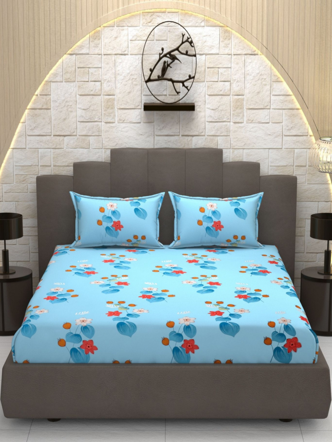 MAFATLAL Blue And Red Floral Printed 160 TC Microfiber Queen Bedsheet Set- 2.28m x 2.54m