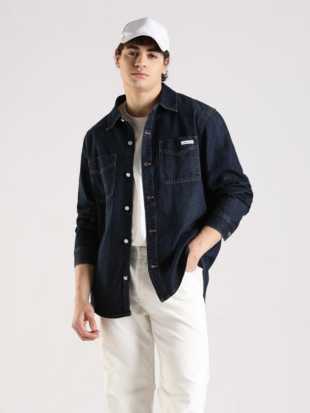 Calvin Klein Jeans Brand Logo Printed Spread Collar Long Sleeves Cotton Shirt