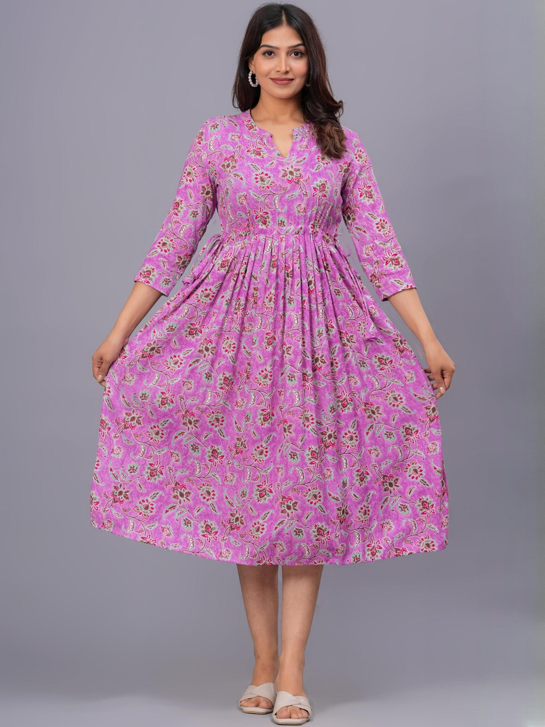 SQ kurti Women's stylish Light Pink floral midi dress