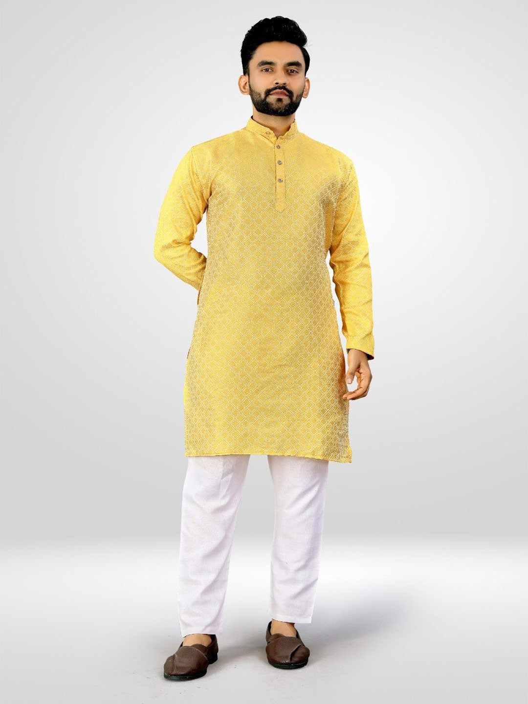 ETHNICSUTRA Men Geometric Woven Design Daily Cotton Straight Kurta