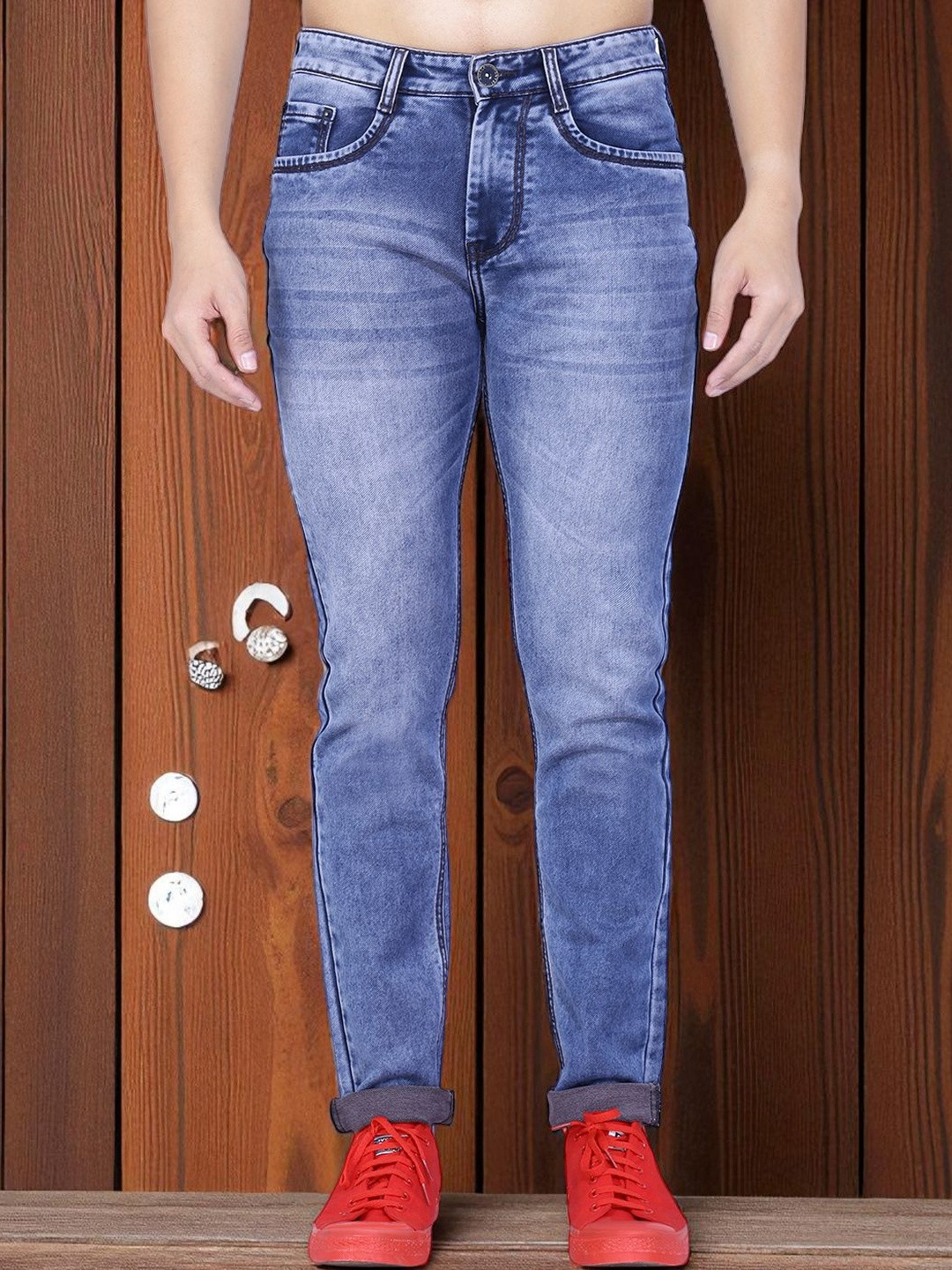 AWACK Men Robyn Slim Fit High-Rise Light Fade Big Stitch Detailing Stretchable Jeans