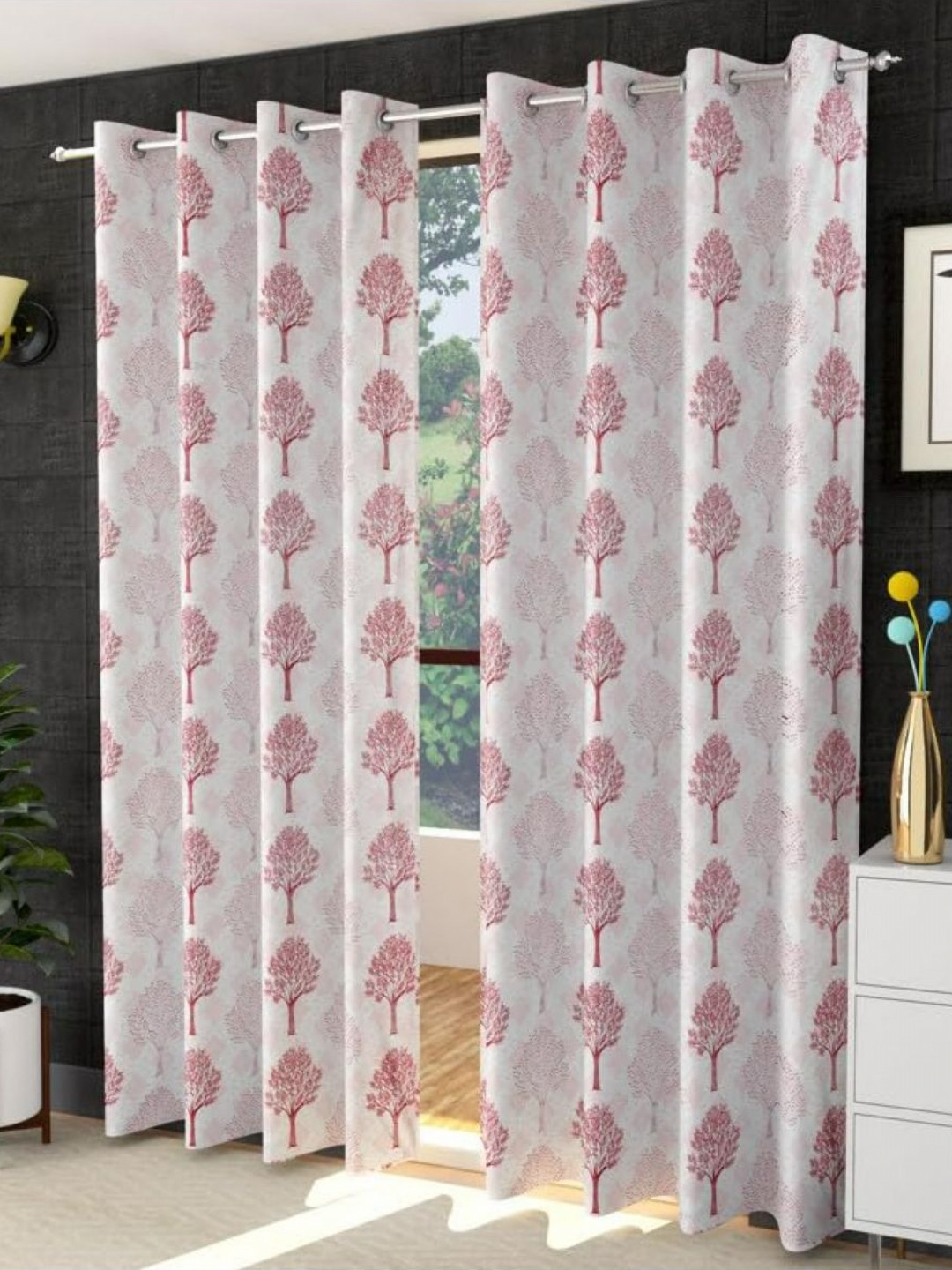 UrbanArts Maroon And White 2 Pieces Floral Printed Room Darkening Window Curtains