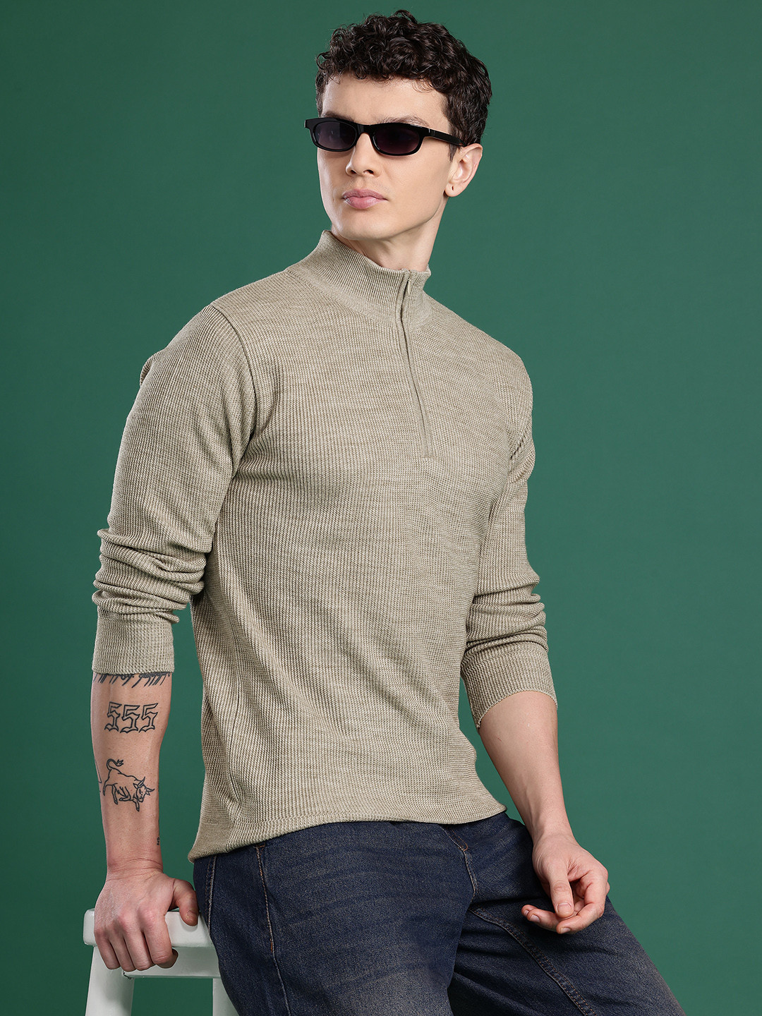 Cayman High Neck Half Zipper Ribbed Woollen Pullover
