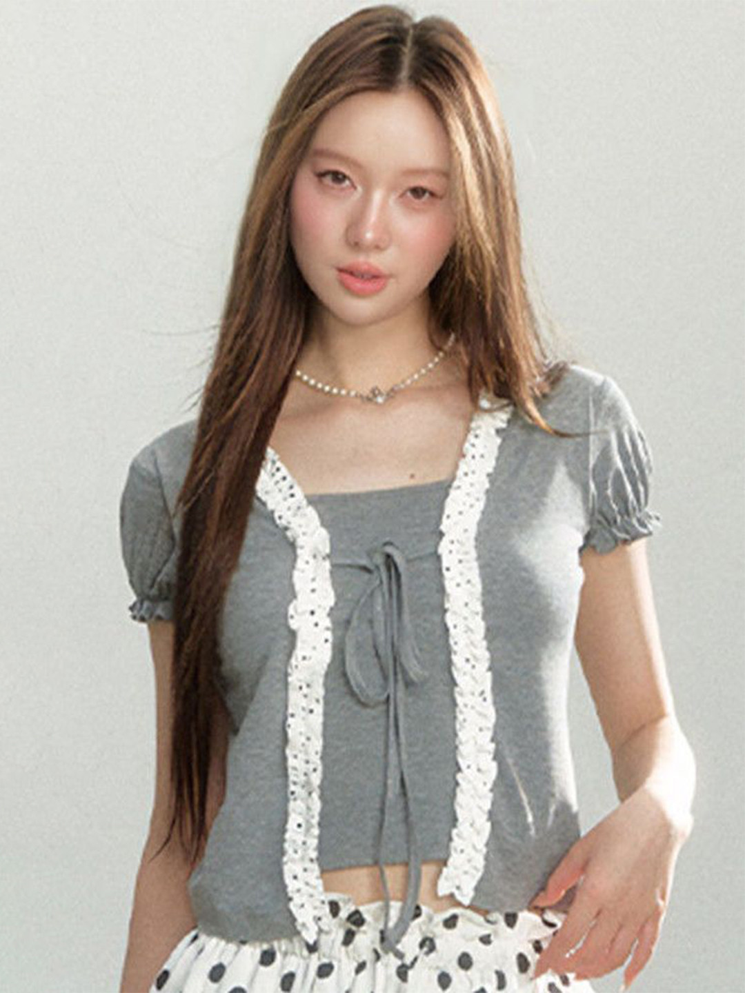 LULU & SKY Women Lace Frills Tie-up Detail  Top