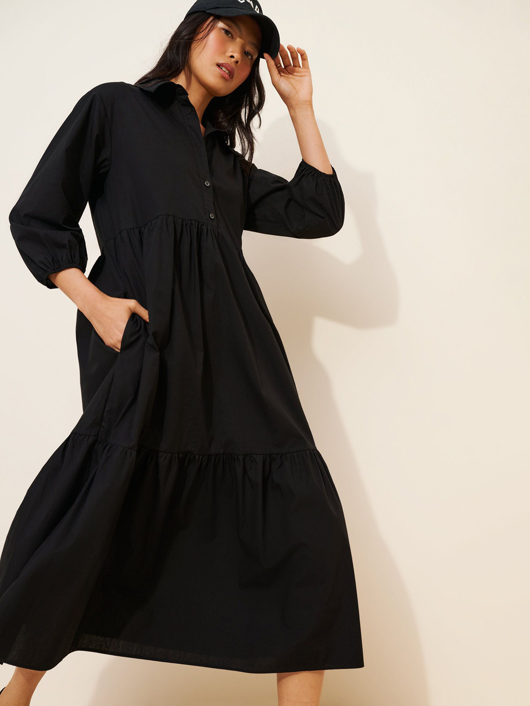 R.Code by The Roadster Life Co. Women Cotton Collared Neck Solid Long Midi Dress