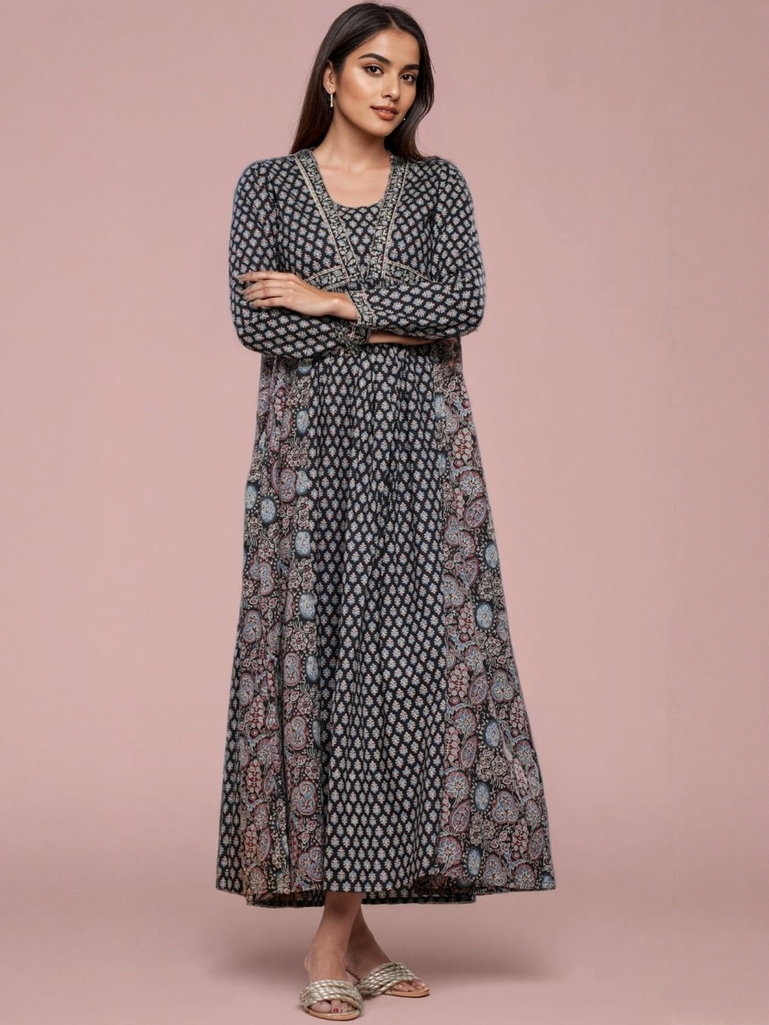SZN Women Black Floral Printed Cotton Stitched Long Sleeves Ethnic Anarkali Kurta
