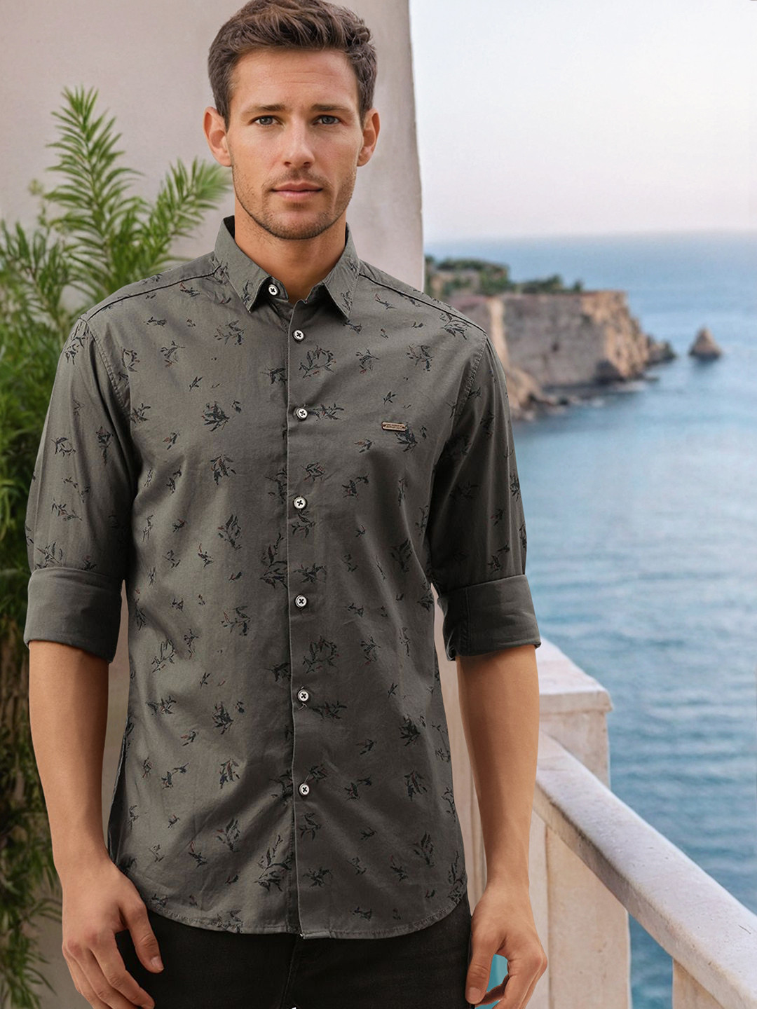 The Indian Garage Co Men Olive Brown & Black Slim Fit Floral Printed Casual Shirt