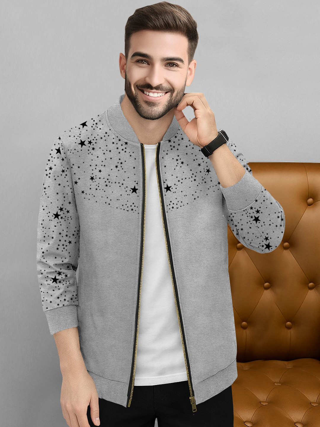 TRIPR Men Grey Star Printed Bomber Jacket
