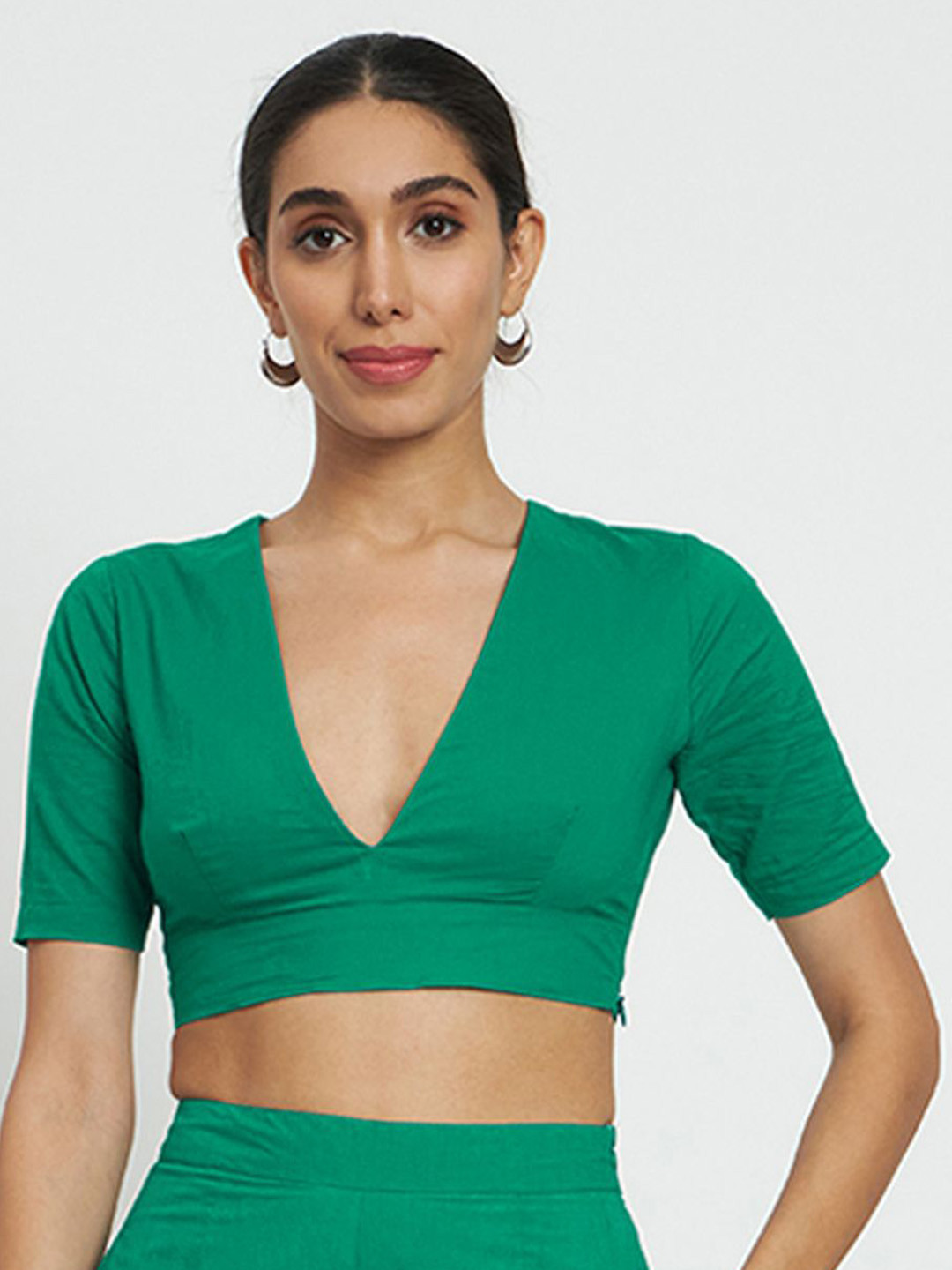 Thevasa Women's Green Divine Depth V Neck Half Sleeves Blouse