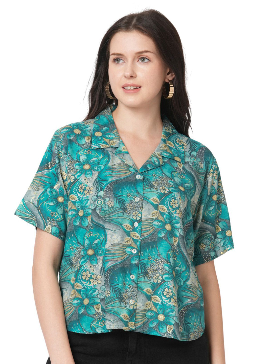 G0-4 IT Women Ethnic Motifs Printed Lapel Collar Shirt Style Crop Top