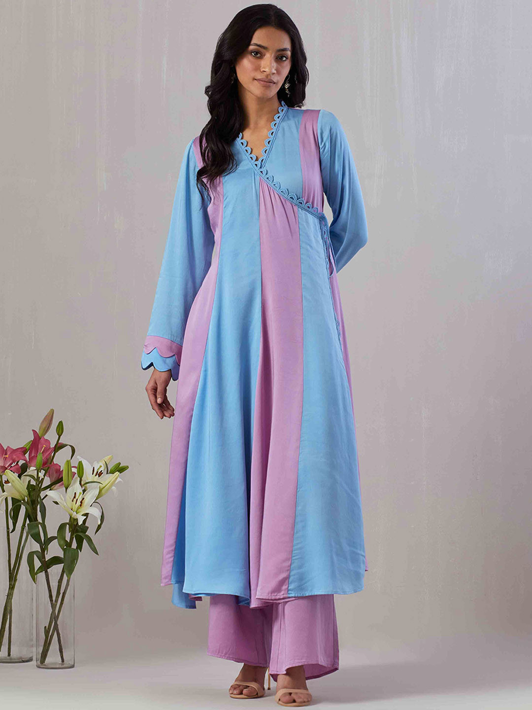 GRASS & SUNSHINE Women Colourblocked Dyed Satin A-Line Kurta with Sharara