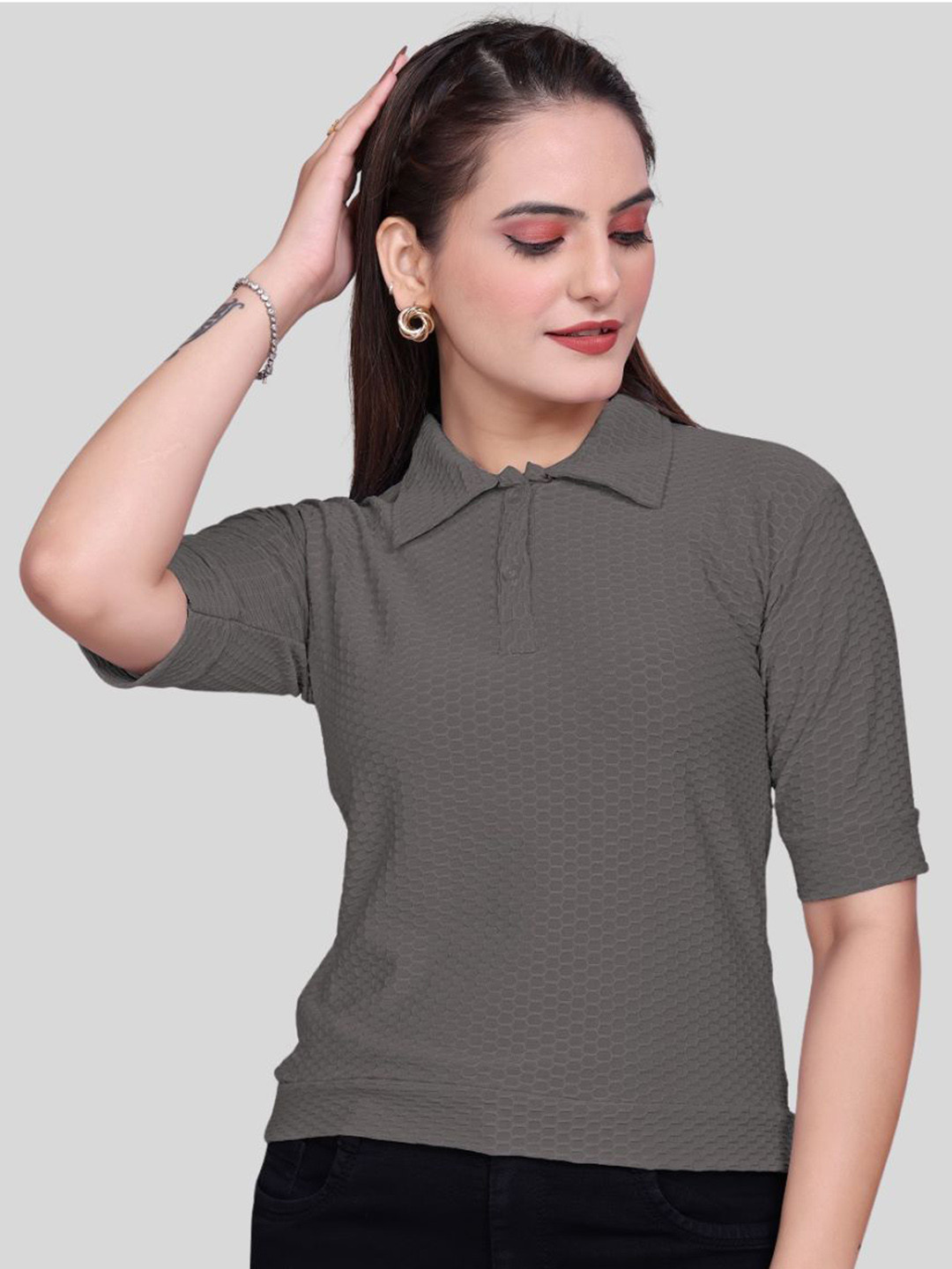Dorell Women Self Design Polo Collar Cotton T-shirt