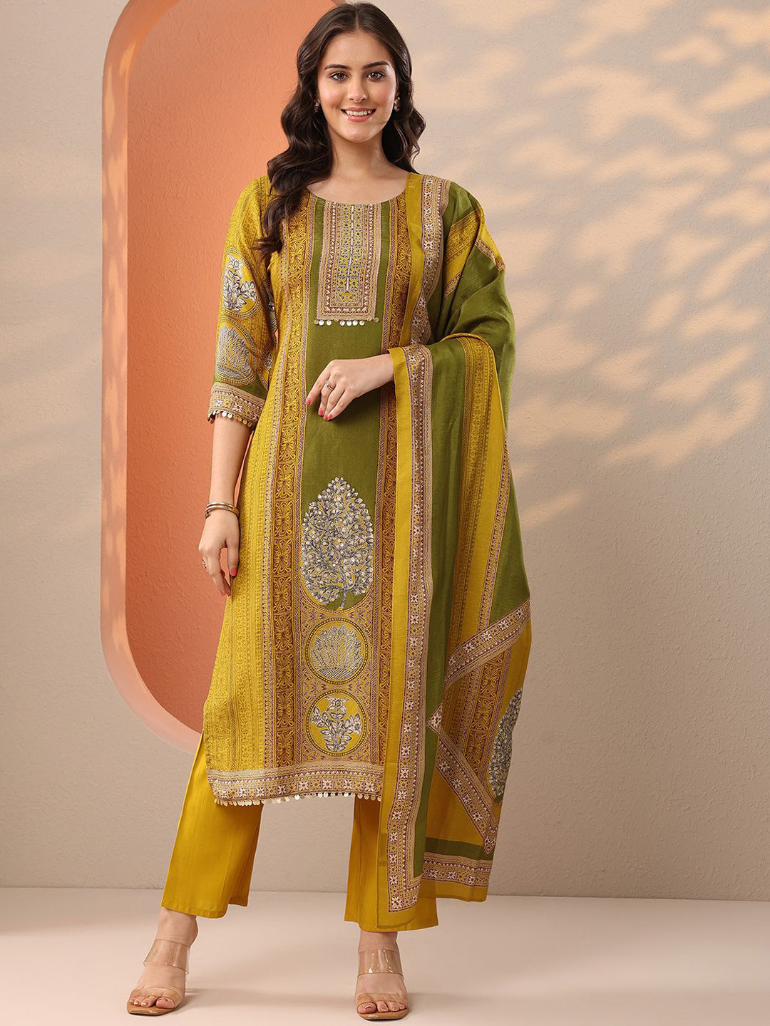 Libas Women Ethnic Motifs Printed Regular Sequinned Kurta Set With Dupatta