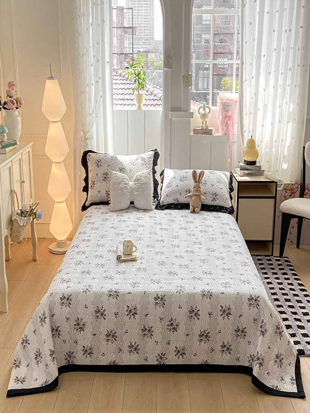 JC HOME 3 Pieces White & Grey Floral Printed 162 GSM Double King Bed Cover