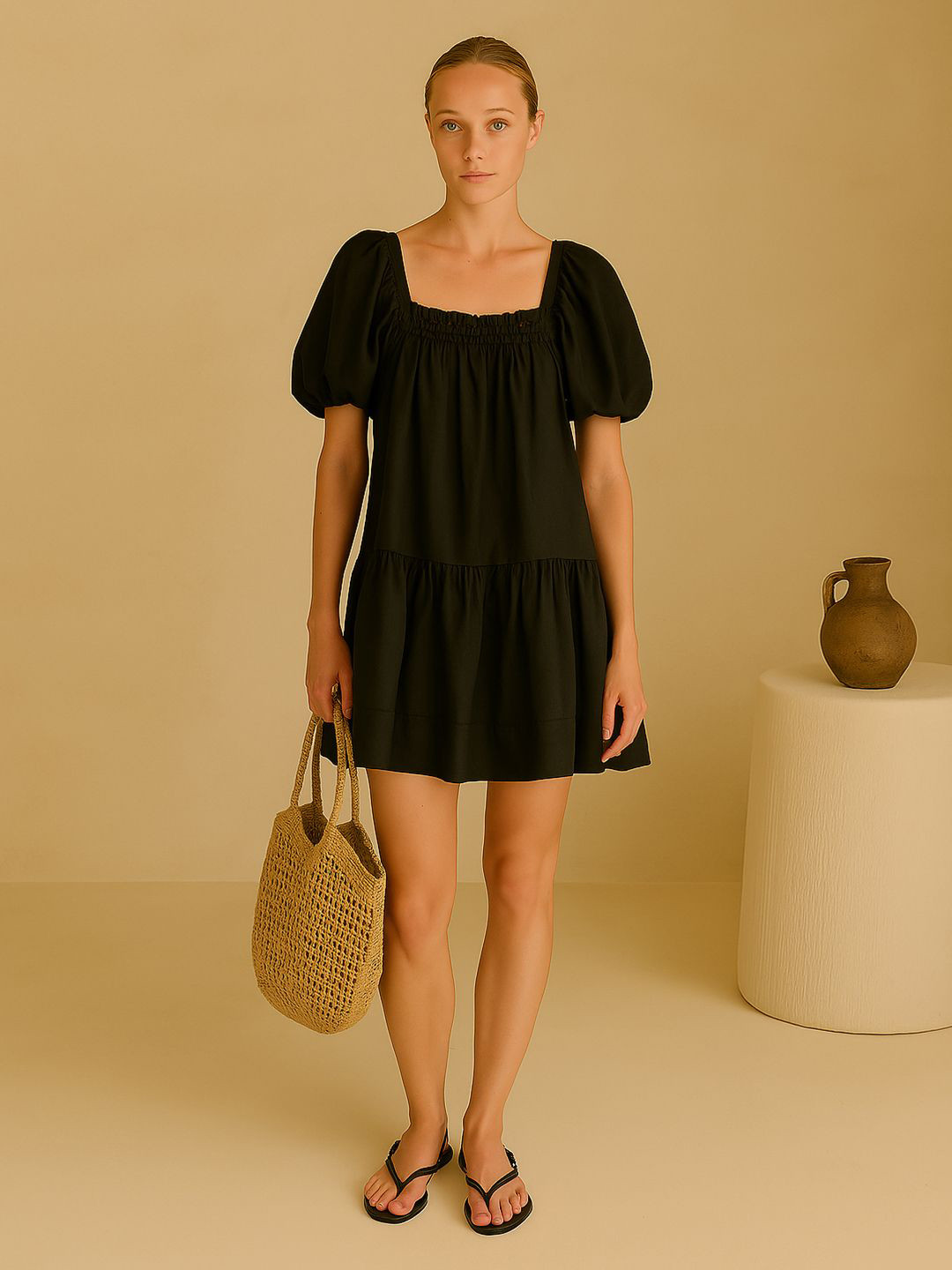DressBerry Curve Square Neck Puff Sleeve A-Line Dress