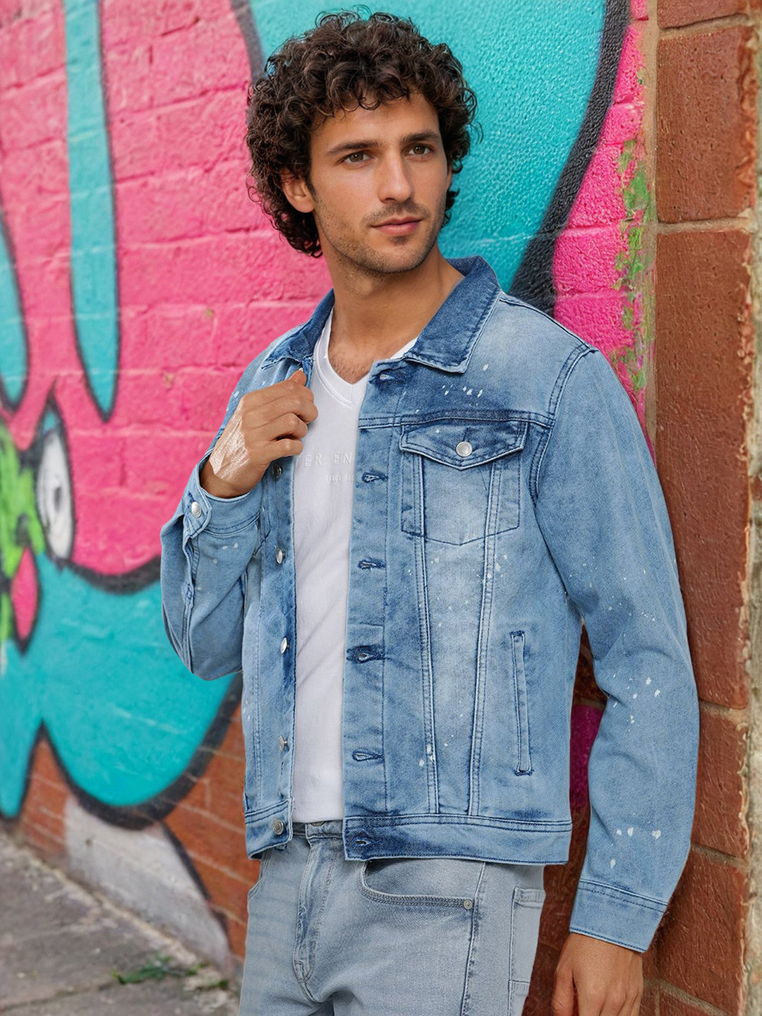 The Indian Garage Co Men Washed Slim Fit Denim Jacket