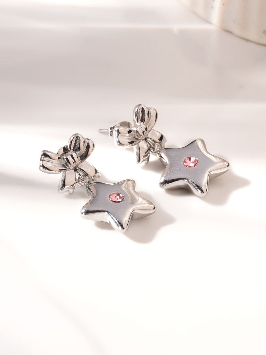 PALMONAS Stainless Steel Rhodium-Plated Bow & Star Cubic Zirconia Waterproof Drop Earrings