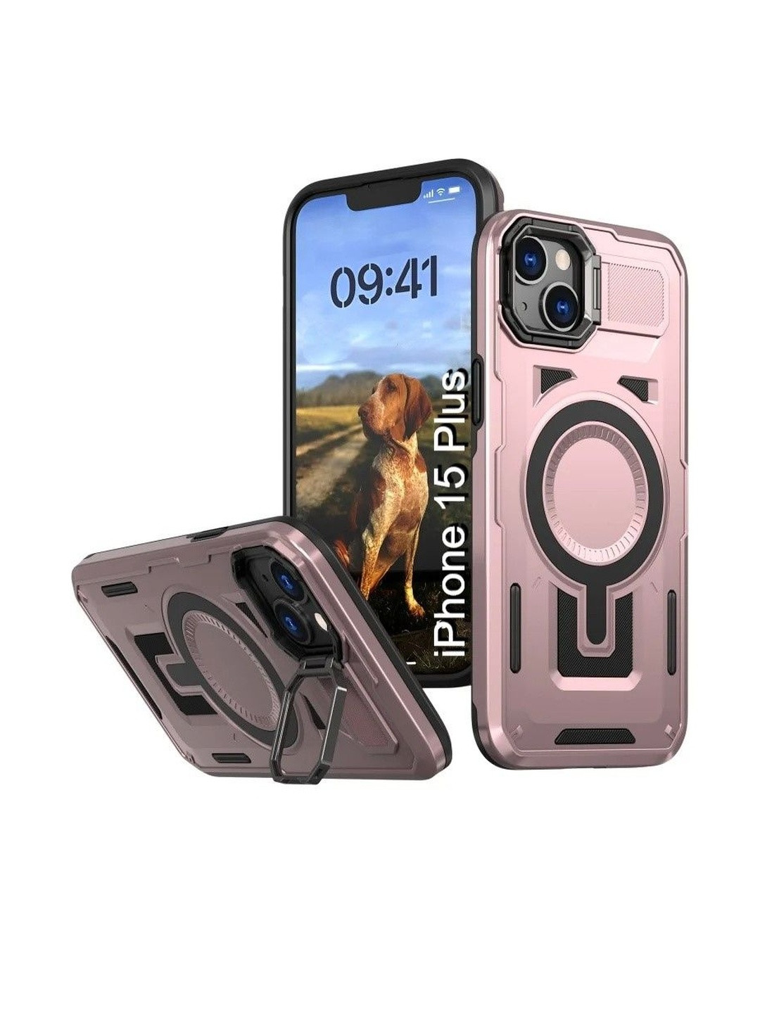 Luxury Kase iPhone 15 Plus Rugged Shockproof Magnetic Case with Kickstand