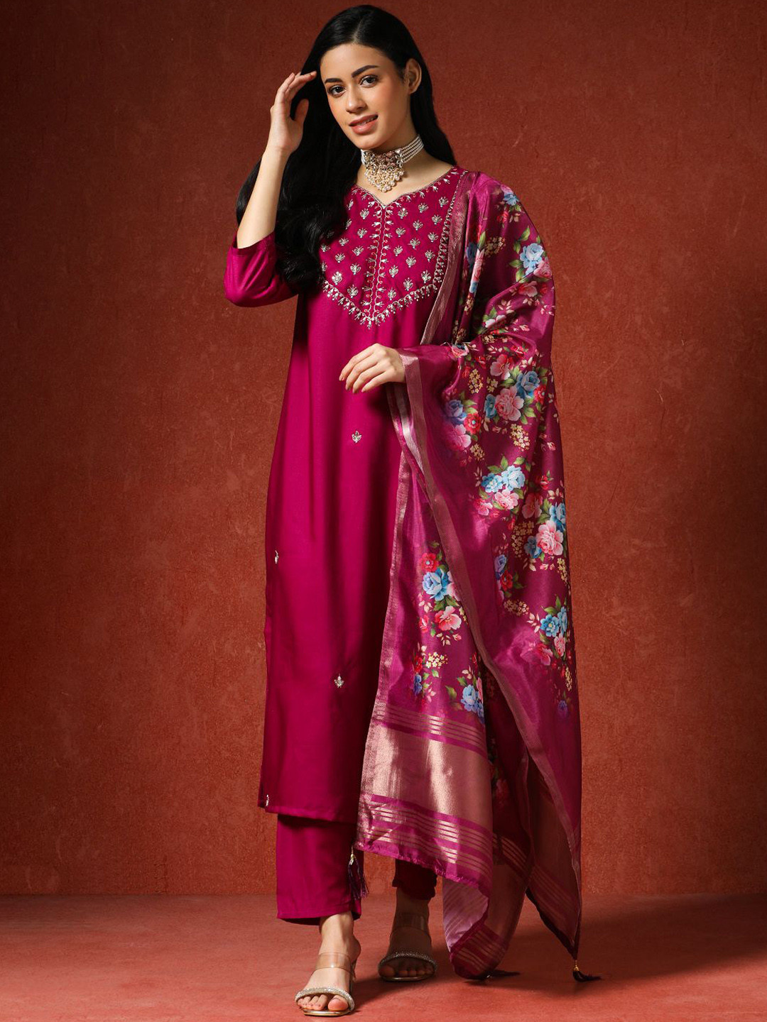 QSH Embroidered Floral Zari Kurta Sets