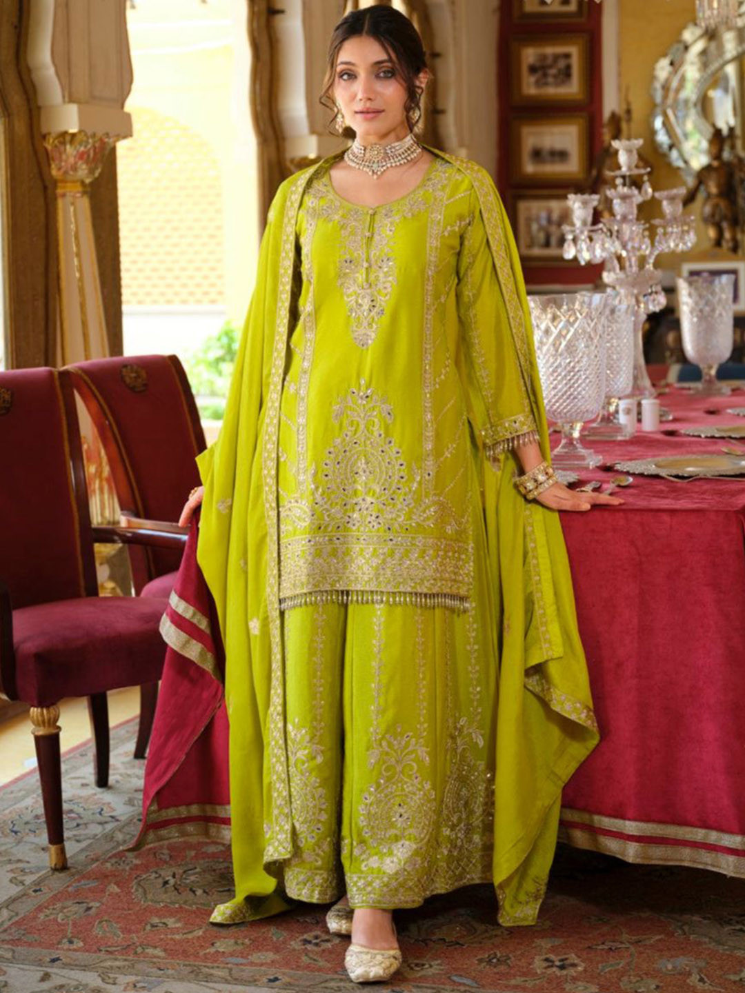 AUTUMN LANE Sambhav Fern Ethnic Motifs Embroidered Sequinned Kurta With Sharara & Dupatta