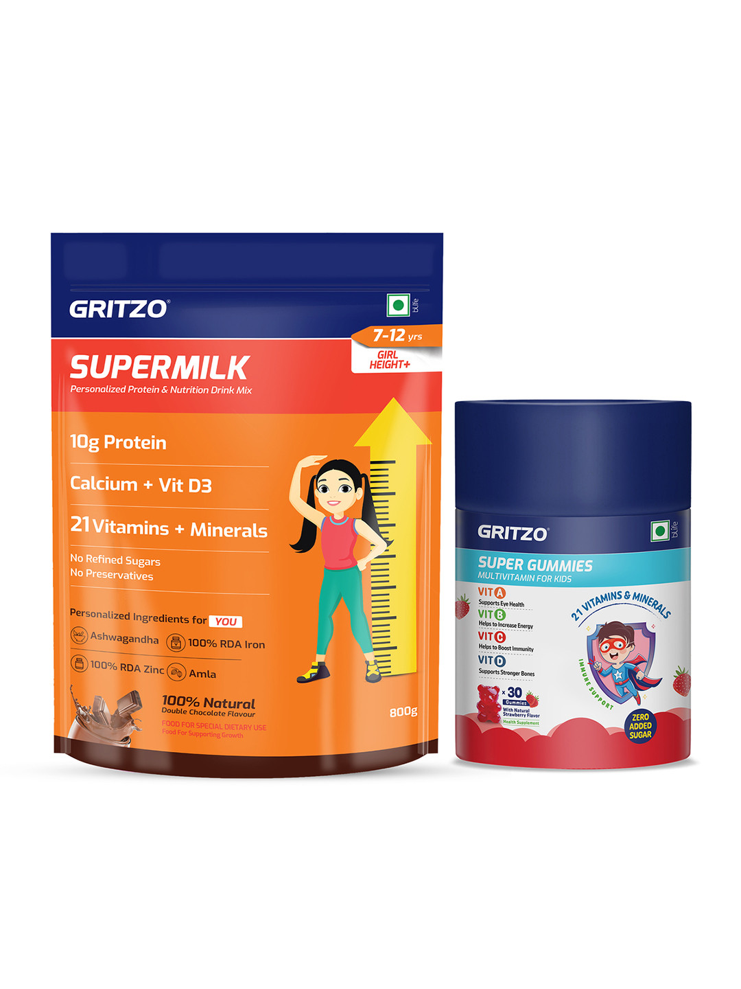 Gritzo SuperMilk Girls Height+ with Super Gummies - 800 g -Strawberry Double Chocolate