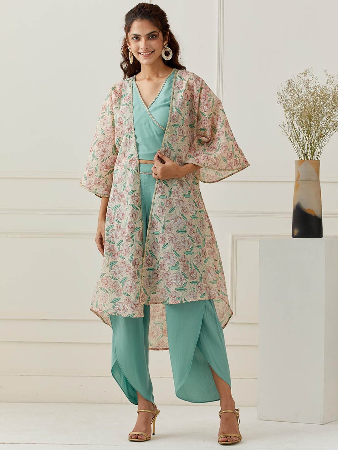 GRASS & SUNSHINE V-Neck Cami & Dhoti Pant With Printed Jacket