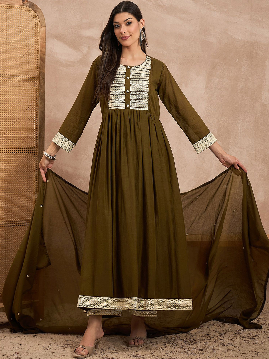 CHETI Women Geometric Embroidered Pleated MirrorWork Anarkali Kurta with Trouser & Dupatta