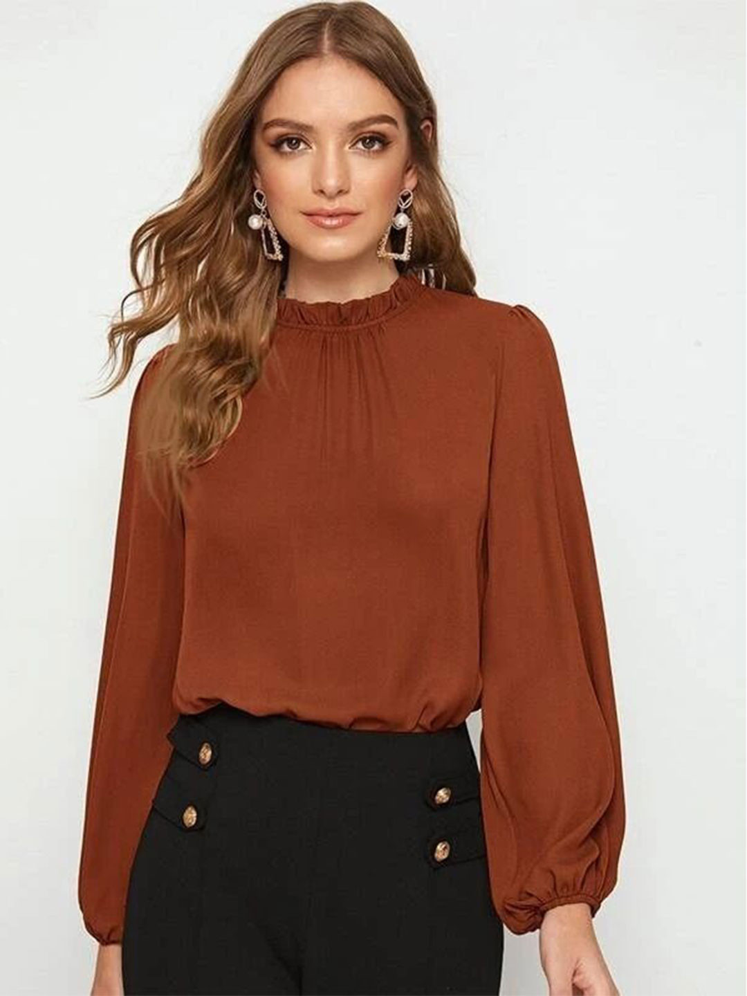FNOCKS Women Round Neck Puff Sleeves Cotton A-Line Top