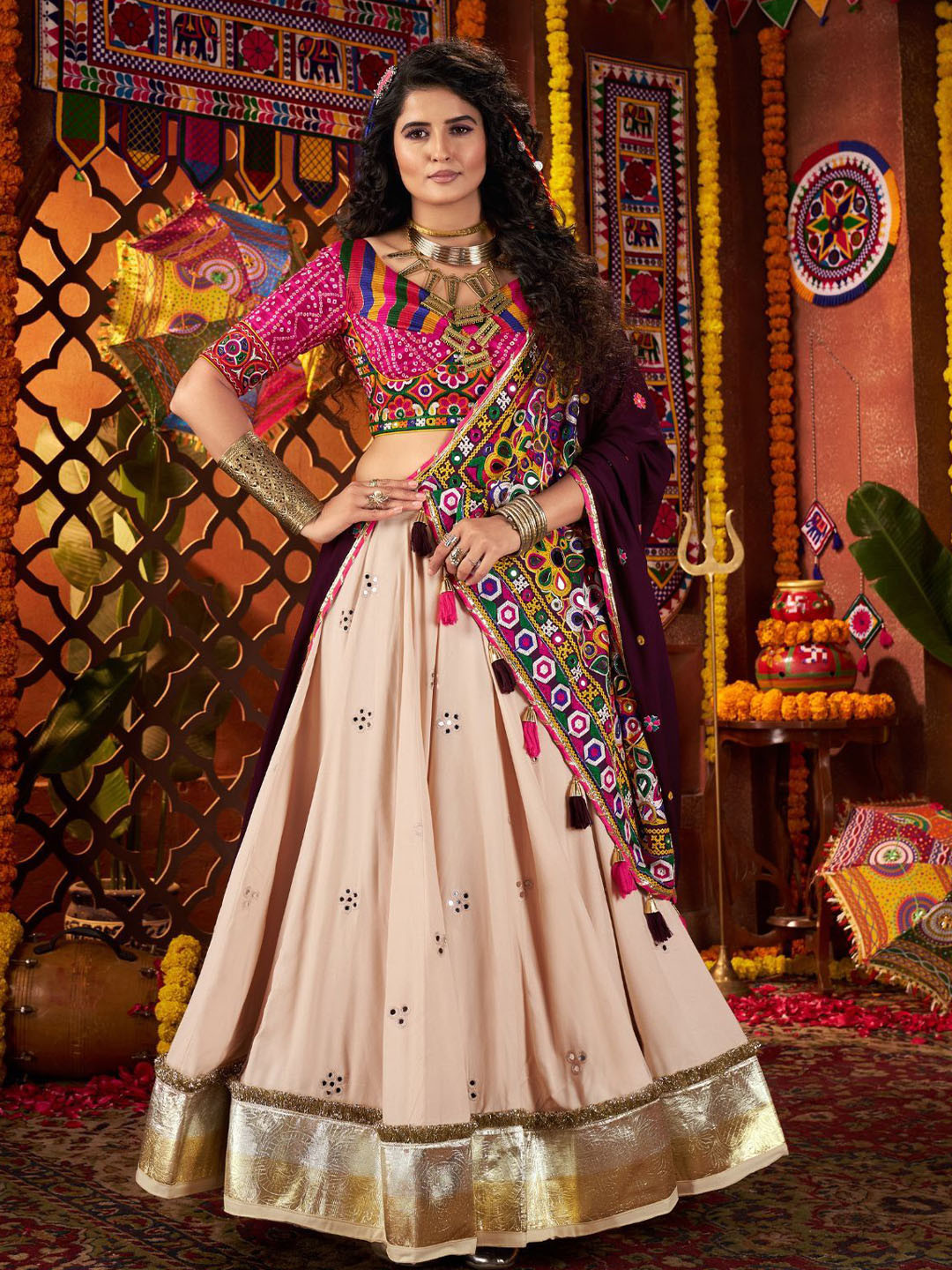 ODETTE Embroidered Mirror Semi-Stitched Lehenga & Unstitched Blouse With Dupatta
