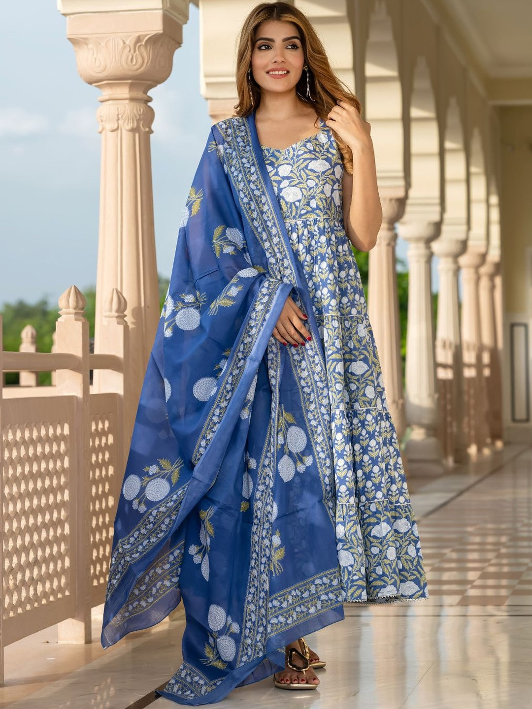 KALINI Women Navy Blue Pure Cotton Sleeveless Anarkali Kurta Trouser Dupatta Set
