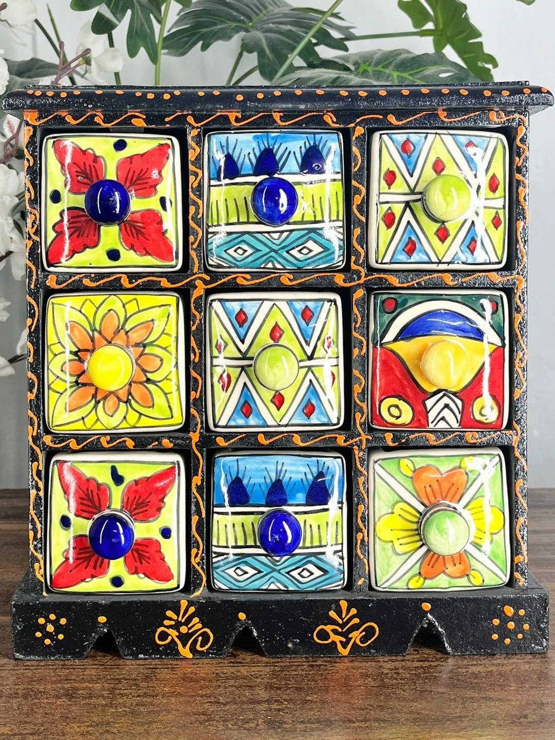 DIWAM HANDICRAFTS Handmade Wooden Drawers Storage Box with 9 Ceramic Compartment