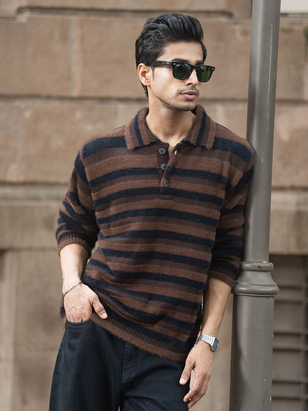 Powerlook Men Dark Brown Striped Polo Sweater