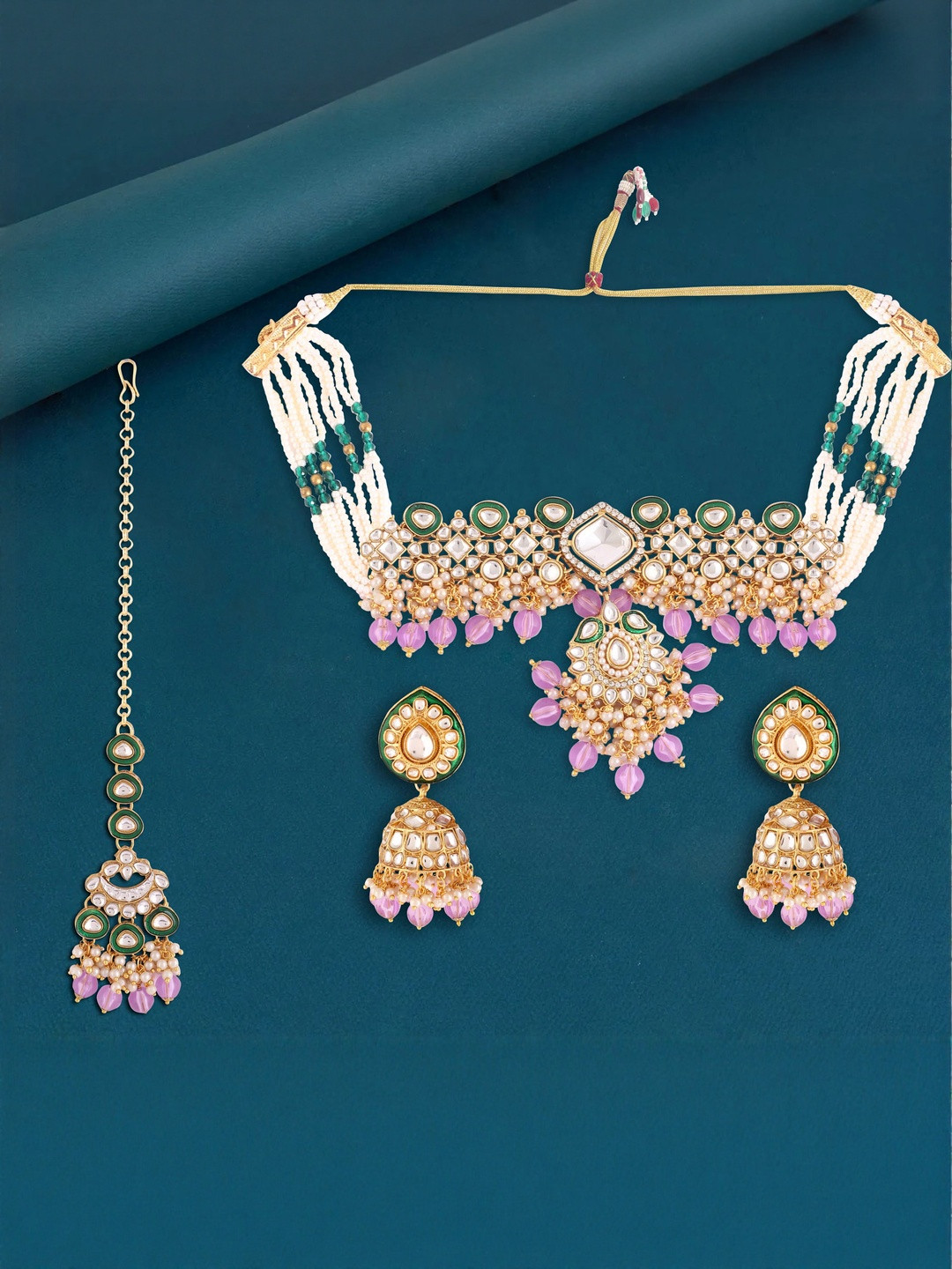 SAMC Women White & Purple Beaded & Pearl Kundan Jewellery Set