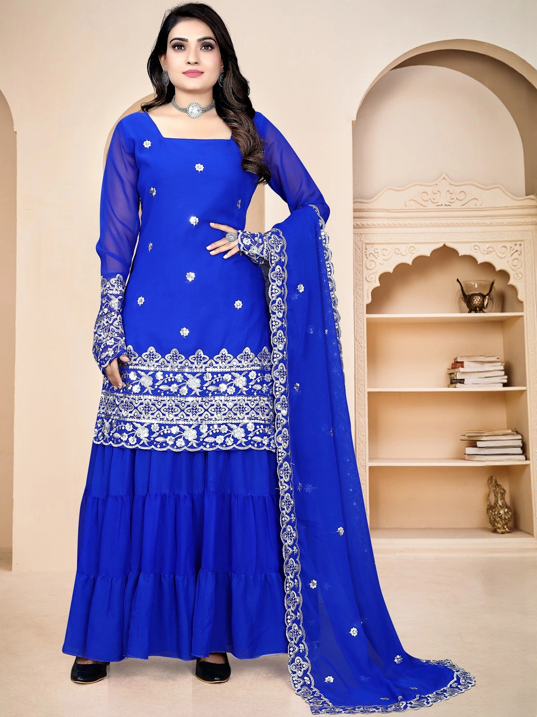 Z.A. Fashion Women Floral Embroidered Thread Work Kurta with Sharara & Dupatta