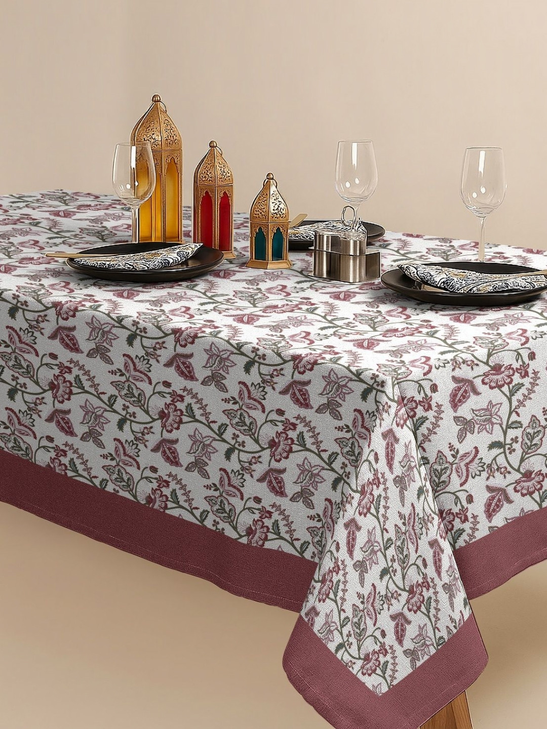CASABLEU Moster Pink & White Floral Printed 6-Seater Table Cover
