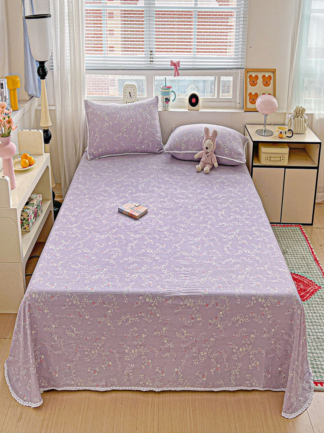 JC HOME Purple & Green Floral 140 TC Double King Bedsheet Set-2 m x 2.30m