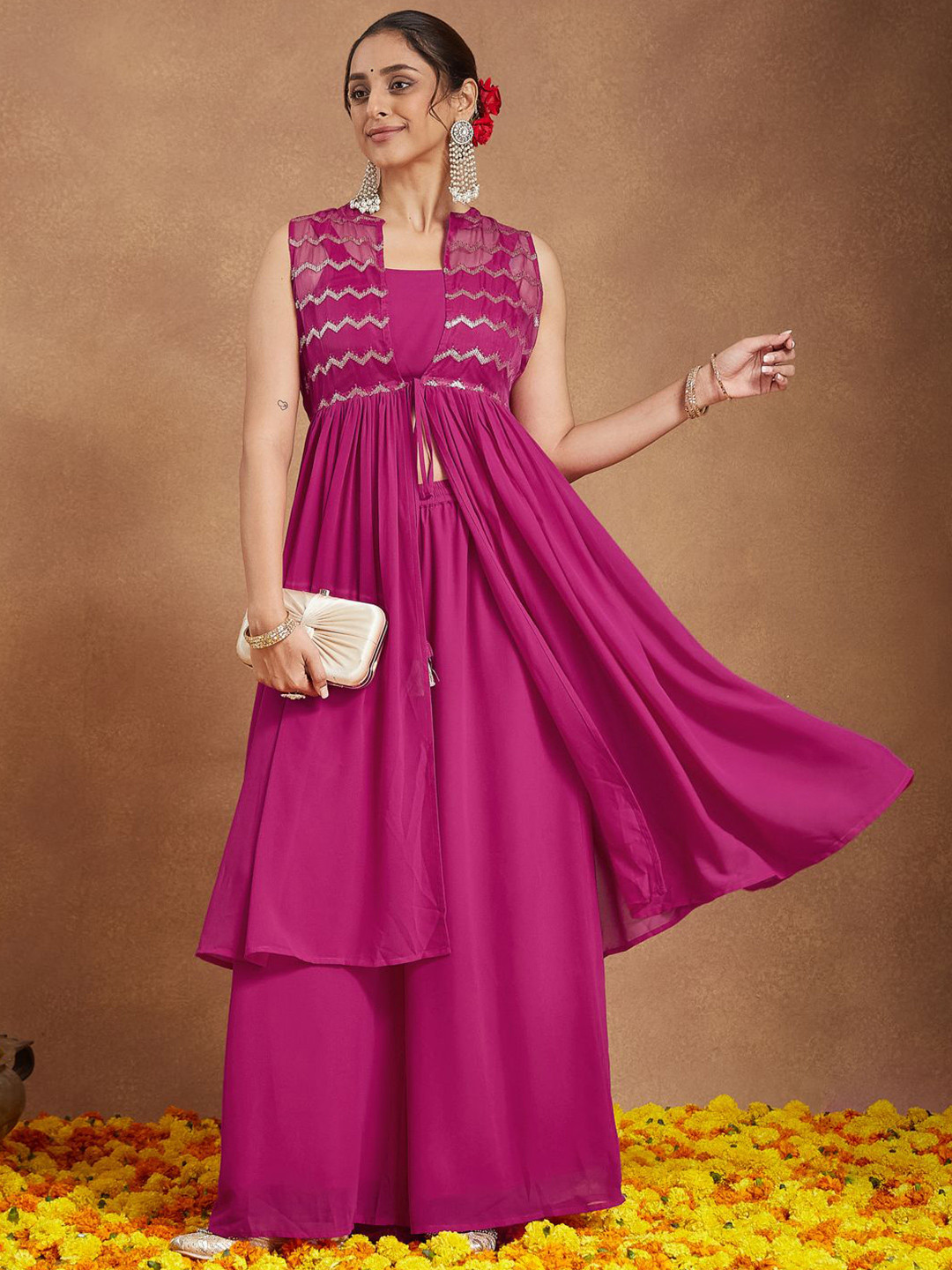 Janasya Women Pink Georgette Sequined Front Slit Kurta with Crop Top & Palazzo Set