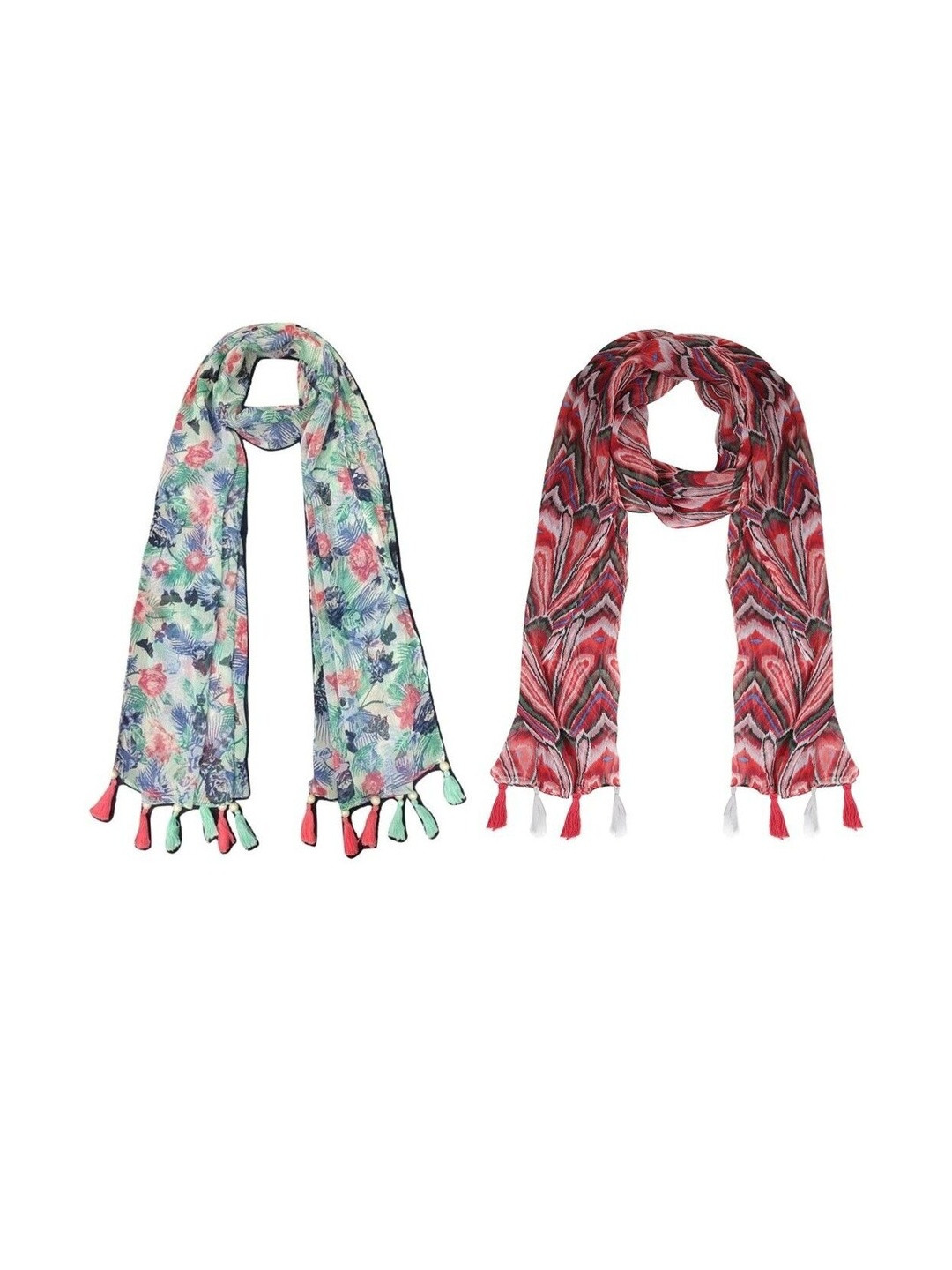 StoleVilla Pack Of 2 Floral Printed Tasseled Border Stoles