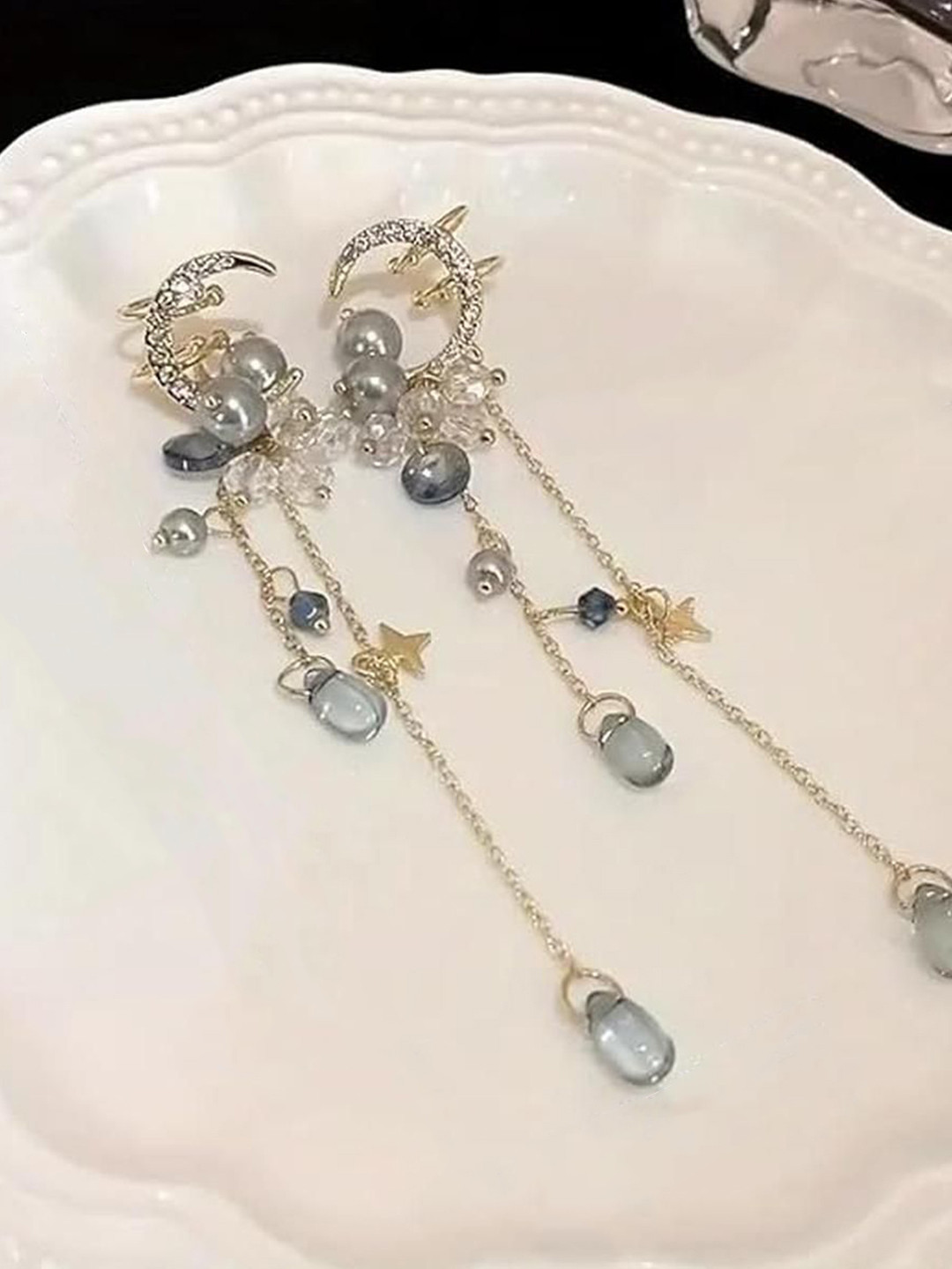 EL REGALO Artificial Stones Studded & Pearls Beaded Crescent Shaped Clip-On Ear Cuffs