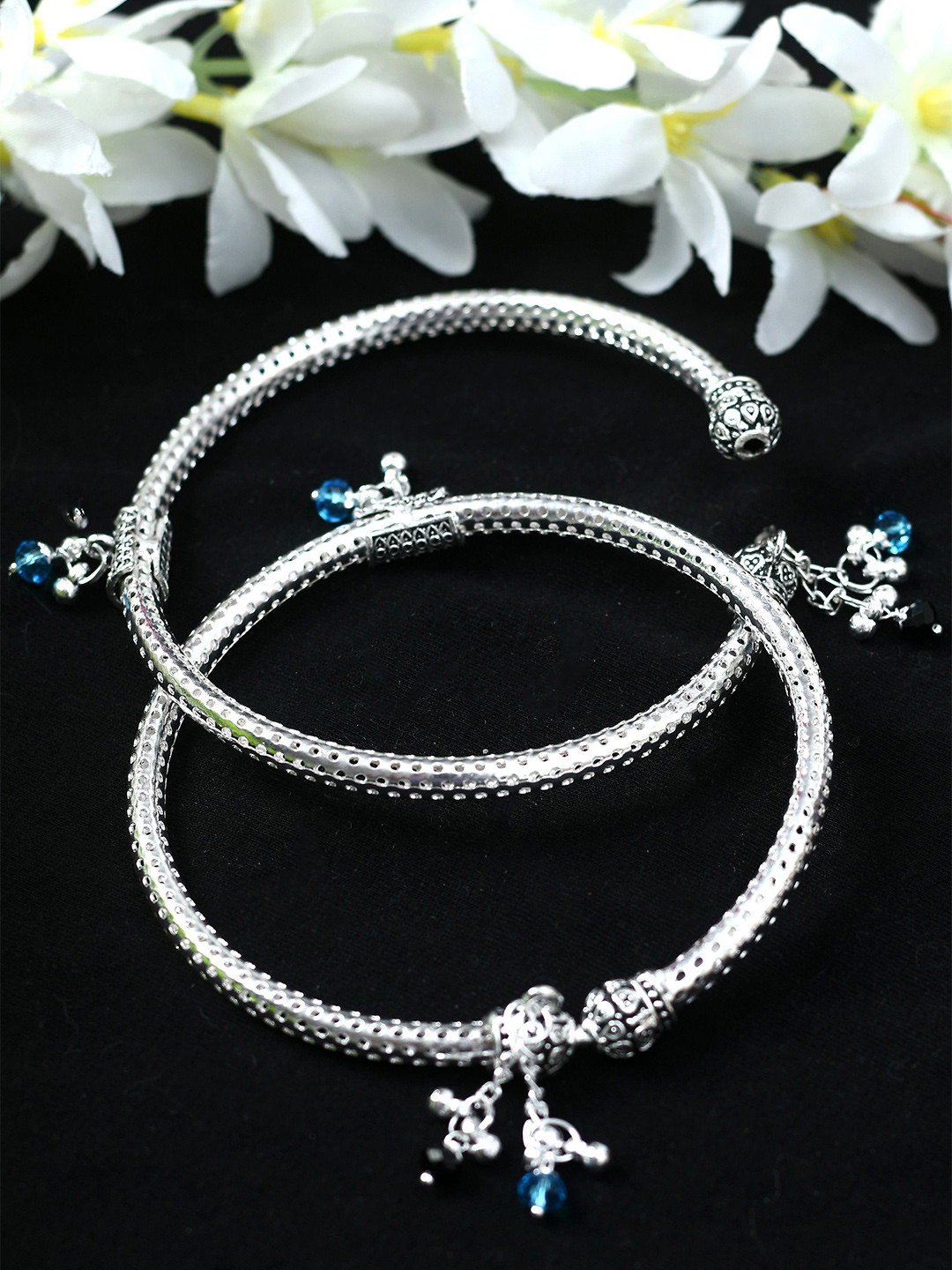 JOHARKAMAL Silver-Plated Artificial Beaded Kadiyam Style Oxidised Anklets