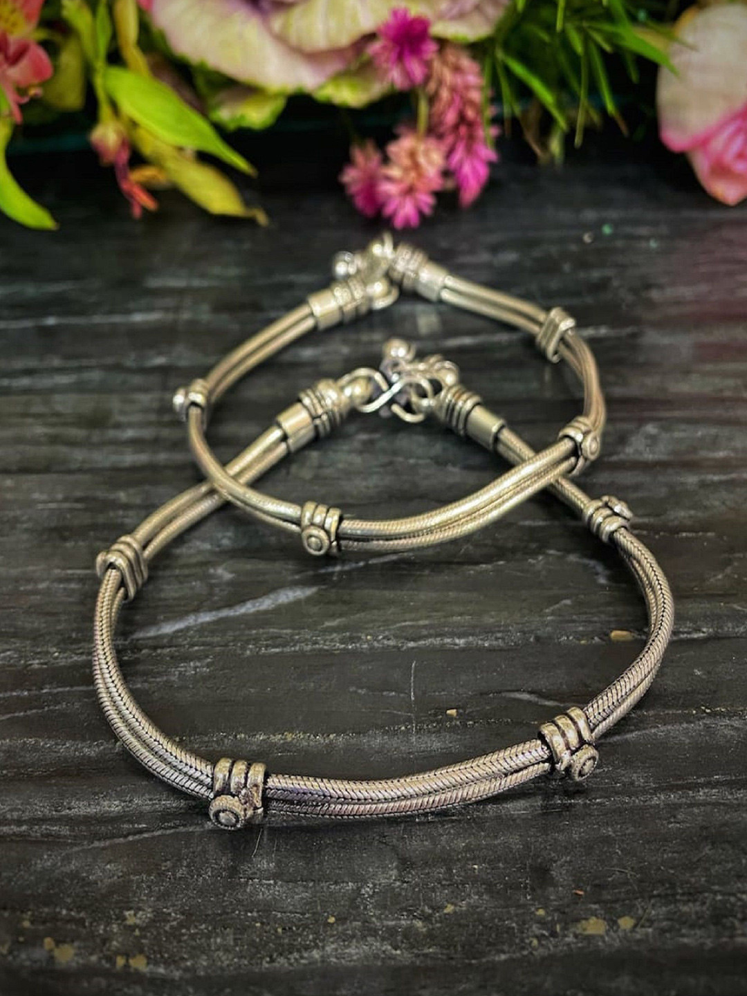 JOHARKAMAL Silver-Plated Double Lined Oxidised Anklets