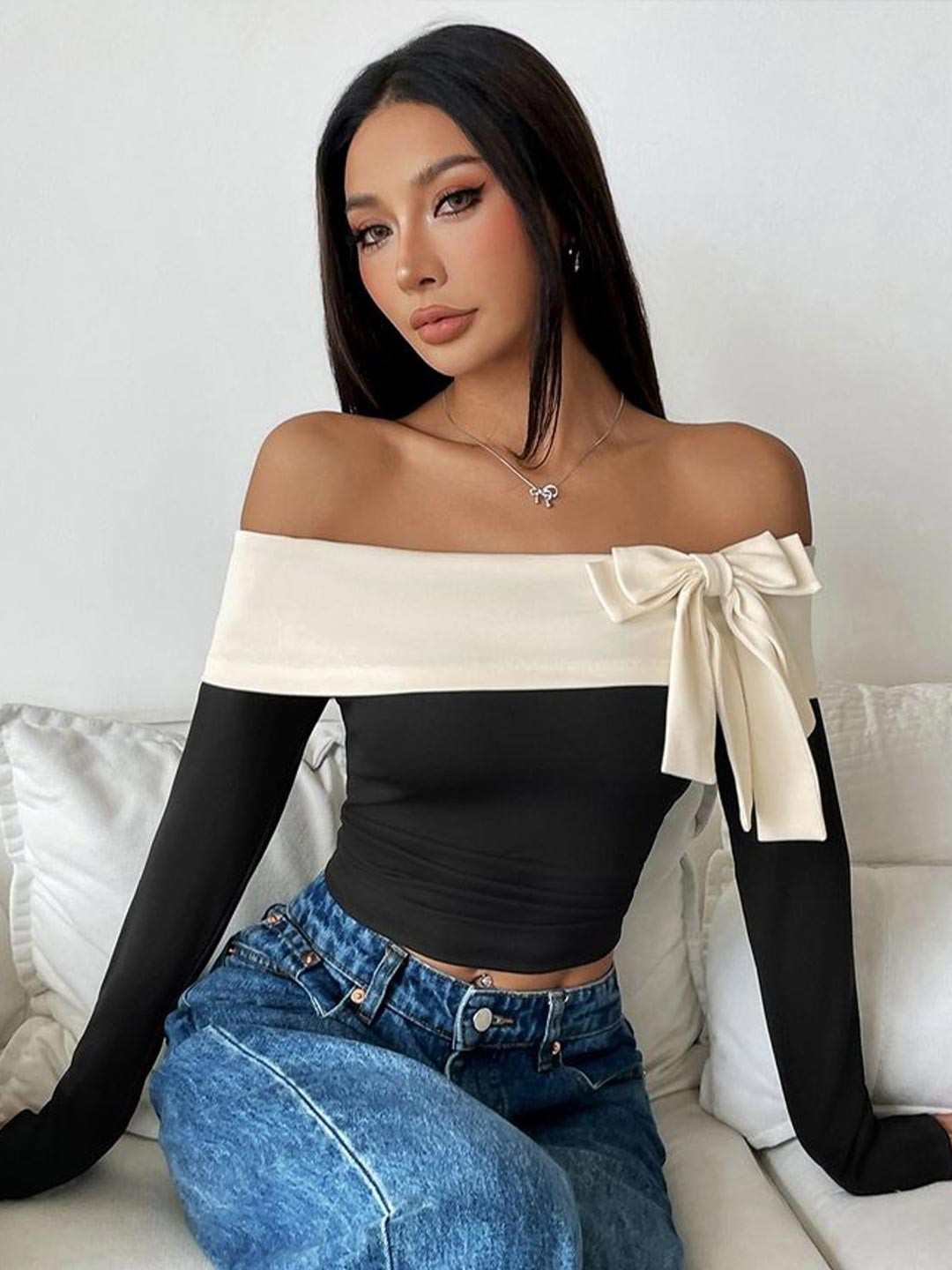 LULU & SKY Women Off-Shoulder Crop Top with Bow